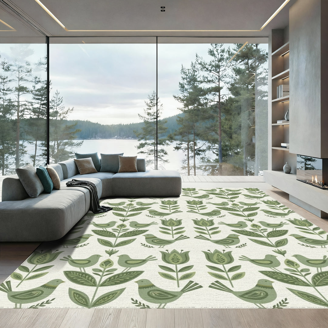 Sage Green Folk Art Bird Floral Rug