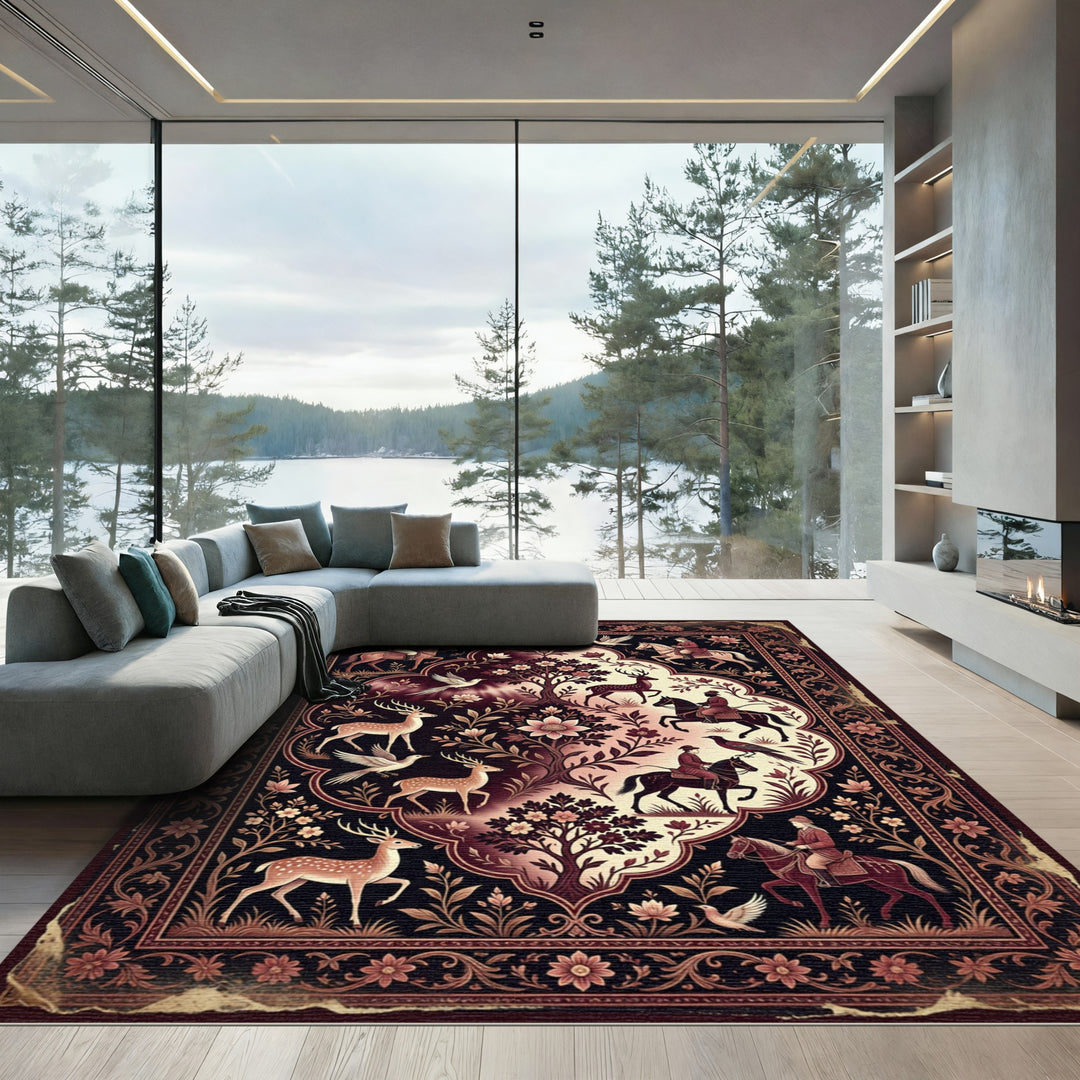Vintage Crimson Hunting Scene Rug