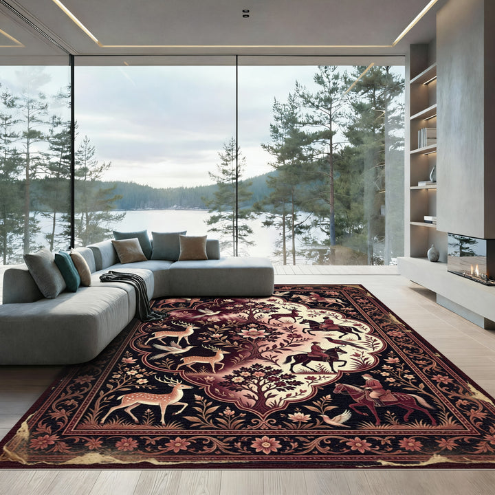 Vintage Crimson Hunting Scene Rug