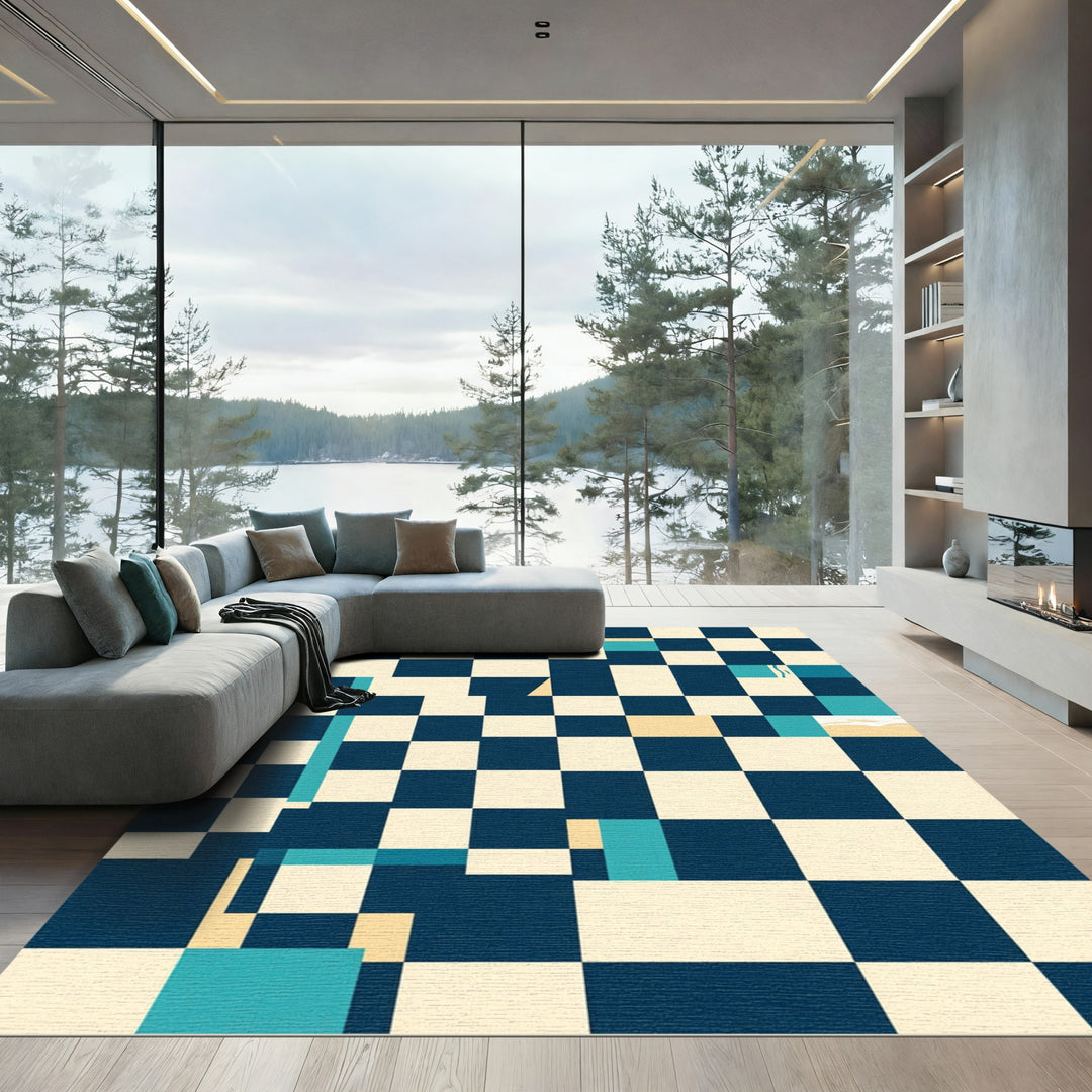 Abstract Navy Blue Checkerboard Rug