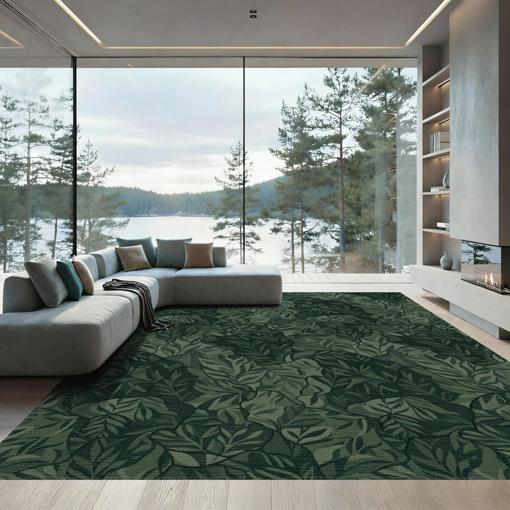 Dark Green Overlapping Leaf Collage Rug