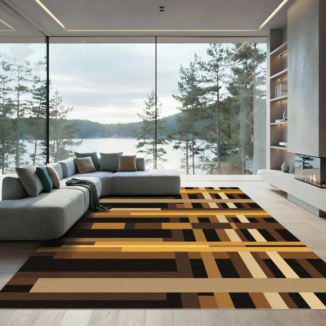 Geometric Golden Brown Stripe Composition Rug