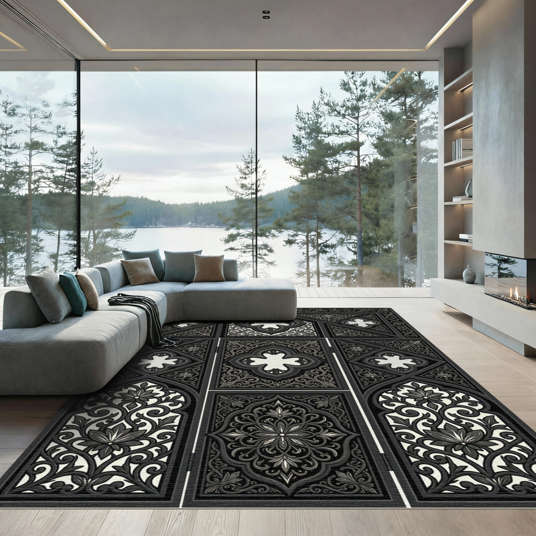 Ornate Black Floral Garden Arch Rug