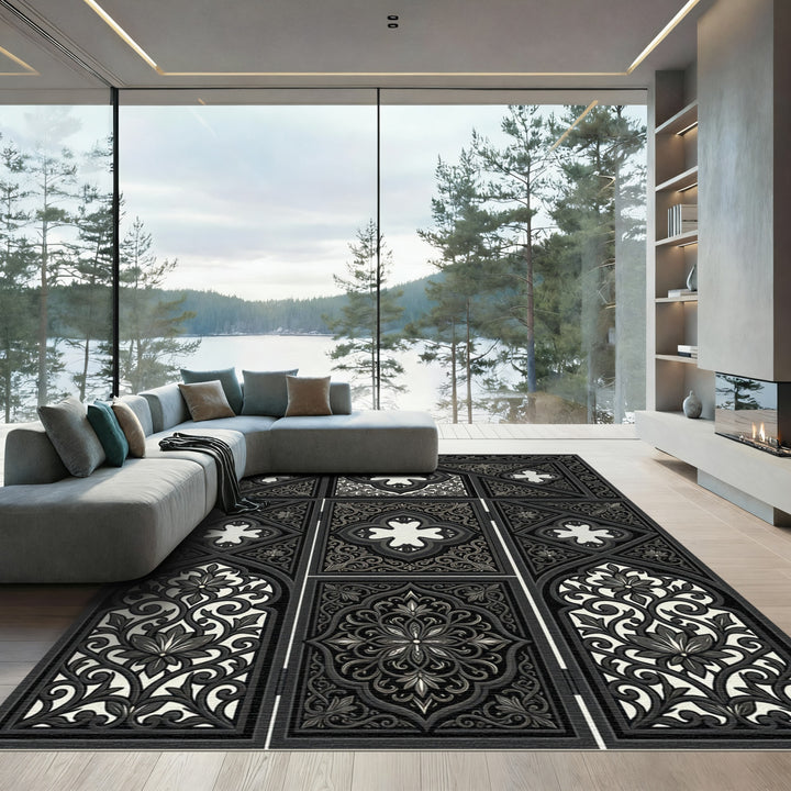 Ornate Black Floral Garden Arch Rug