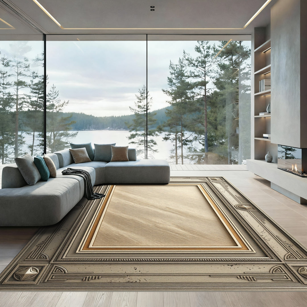 Ornate Golden Textured Frame Rug