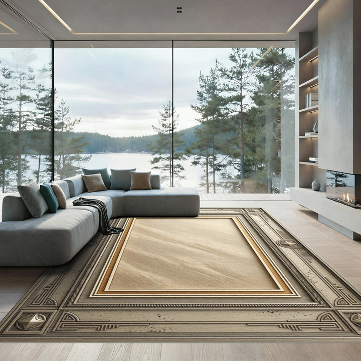 Ornate Golden Textured Frame Rug
