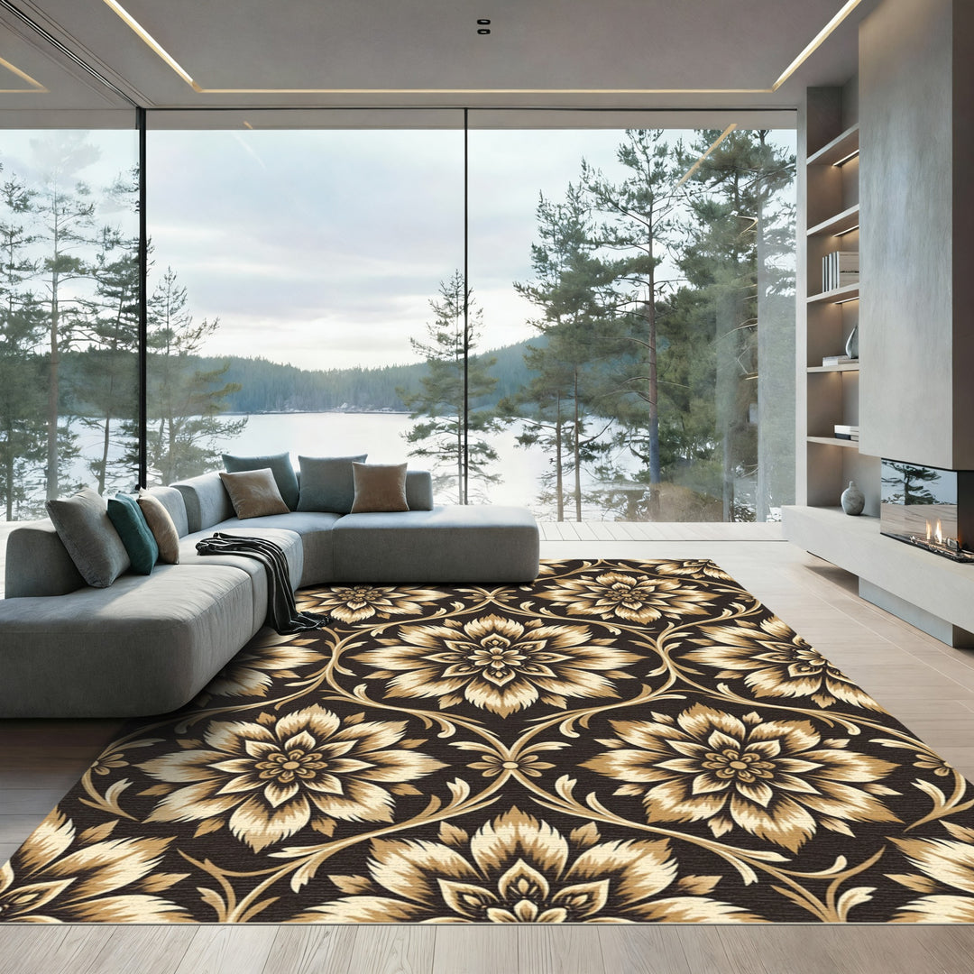 Ornate Gold Floral Damask Rug