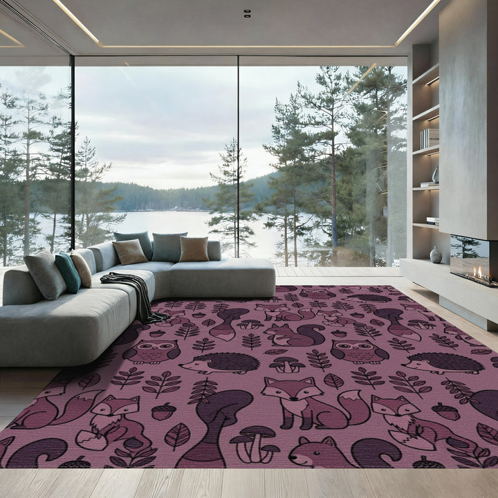Woodland Creatures Fox Owl Hedgehog Mushrooms Rug