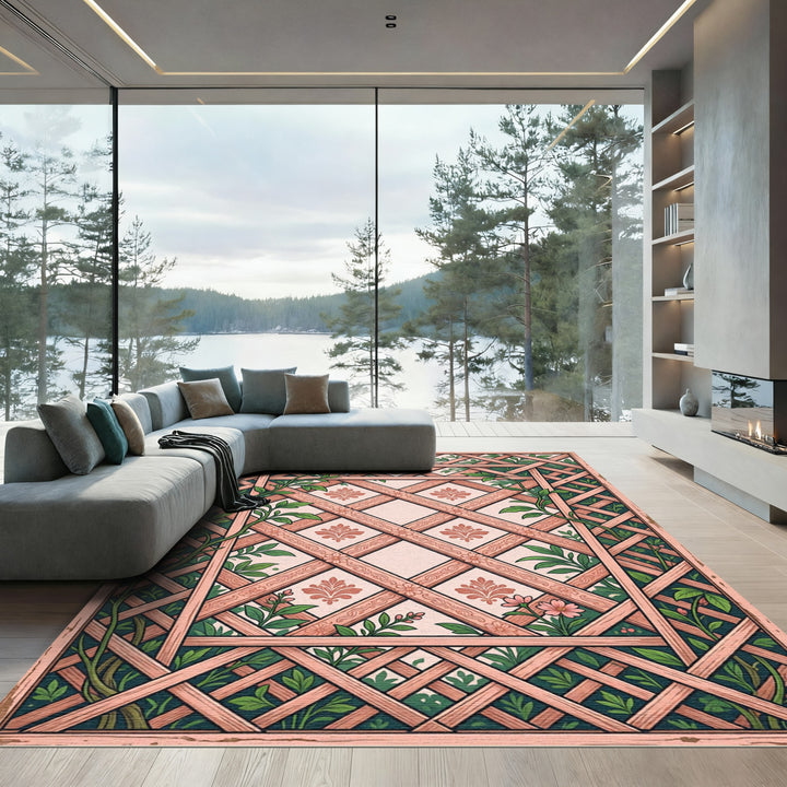 Coral Garden Lattice Floral Vine Rug