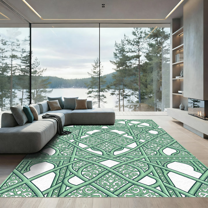Sage Green Arabesque Intersecting Lattice Rug