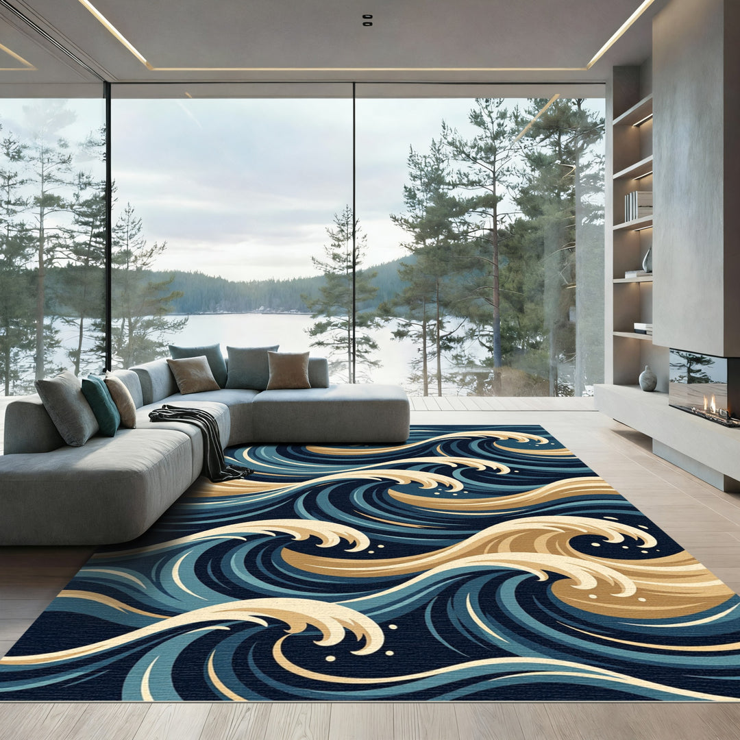 Deep Blue Golden Wave Composition Rug