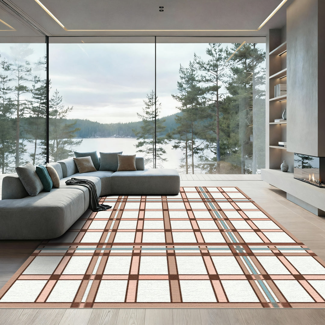 Classic Brown Pink Tan Plaid Rug