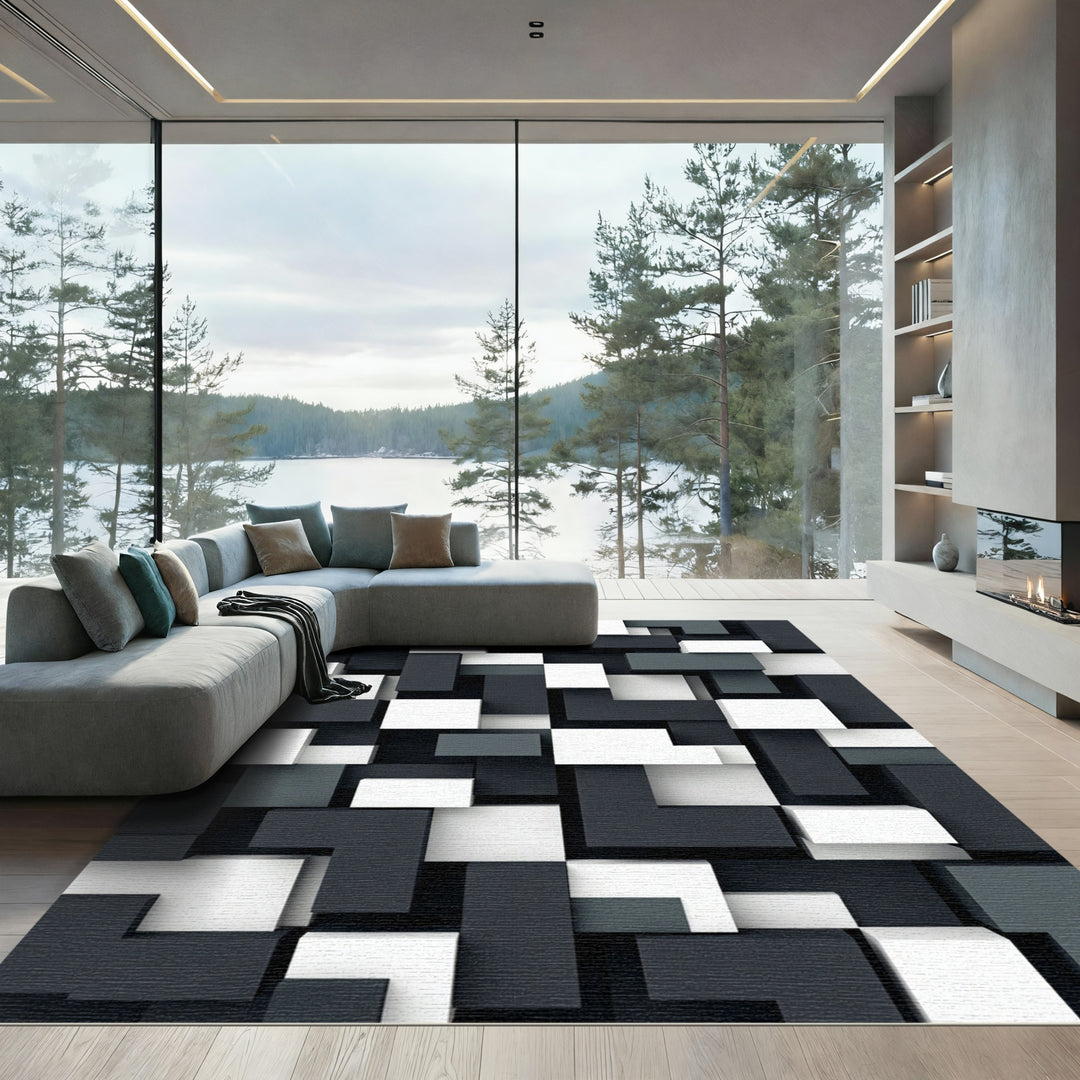 Abstract Geometric Blocks Charcoal White Rug