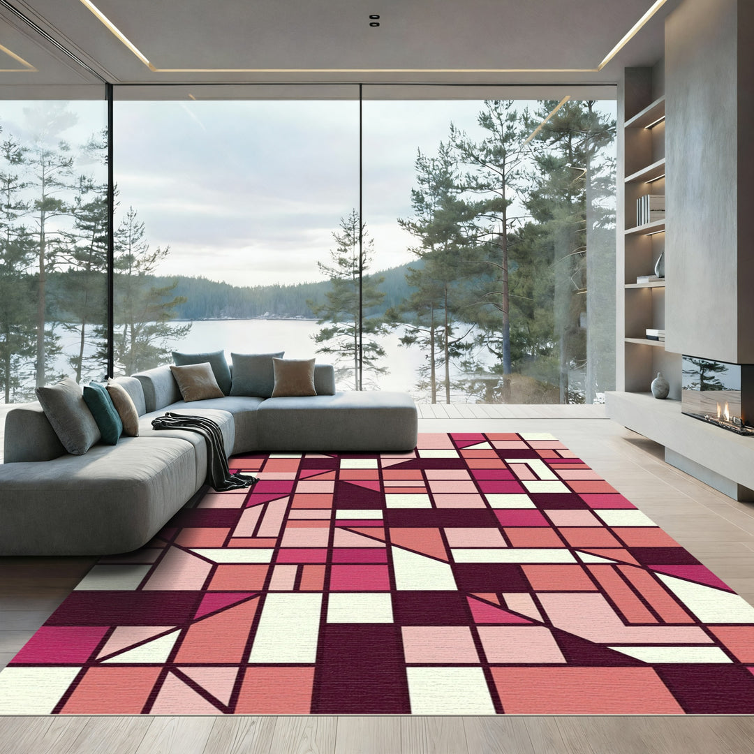 Geometric Pink And Cream Composition Rug