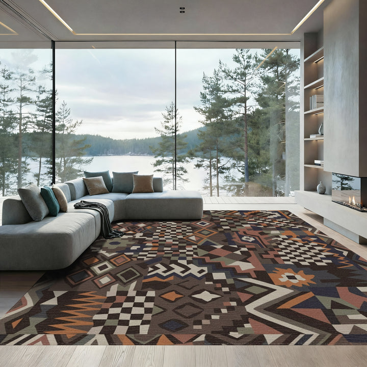 Patchwork Earthy Tone Geometric Diamond Rug