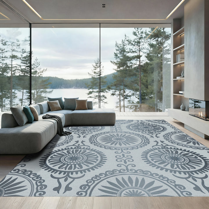 Silver Medallion Sunburst Mandala Rug