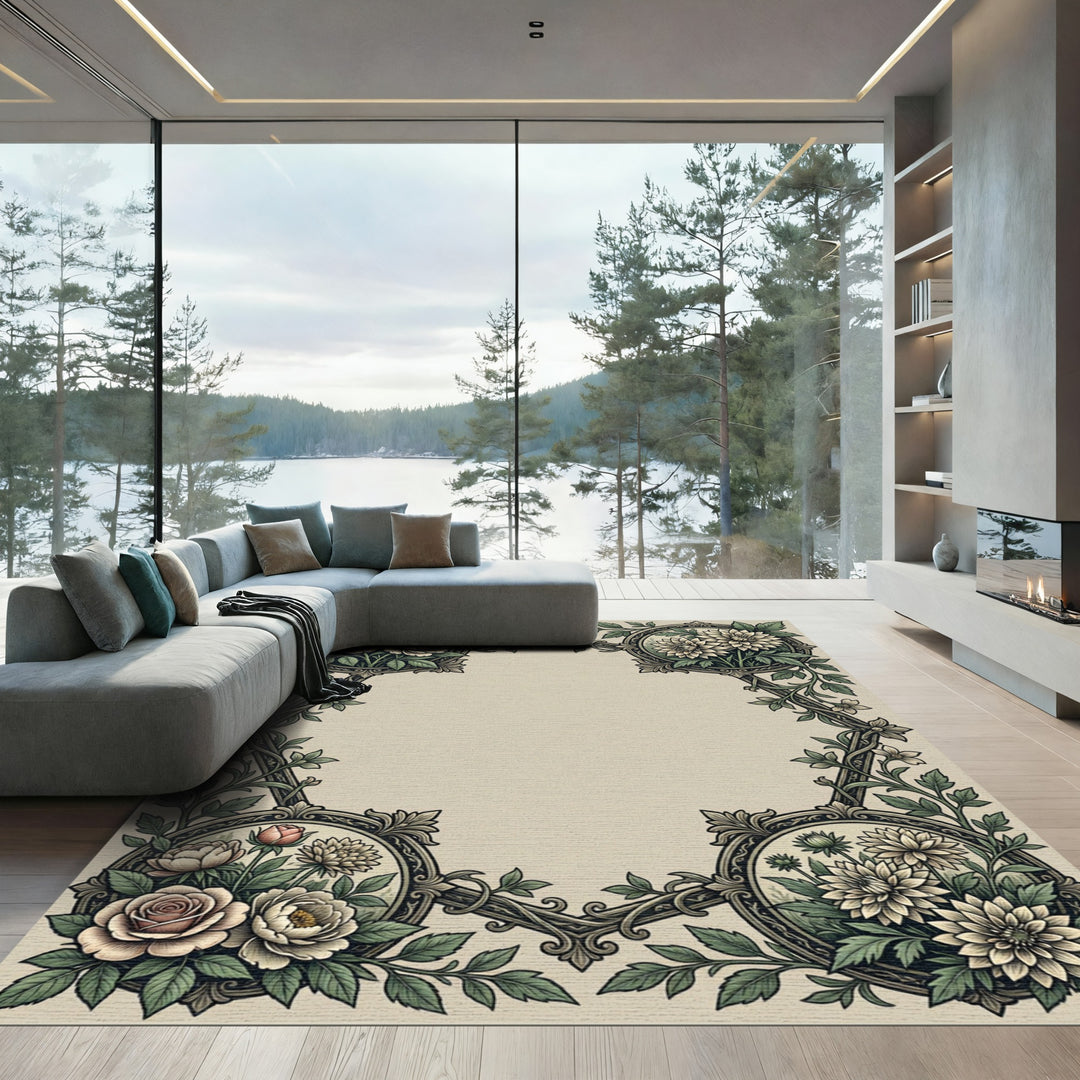 Vintage Rose Blossom Garden Frame Rug