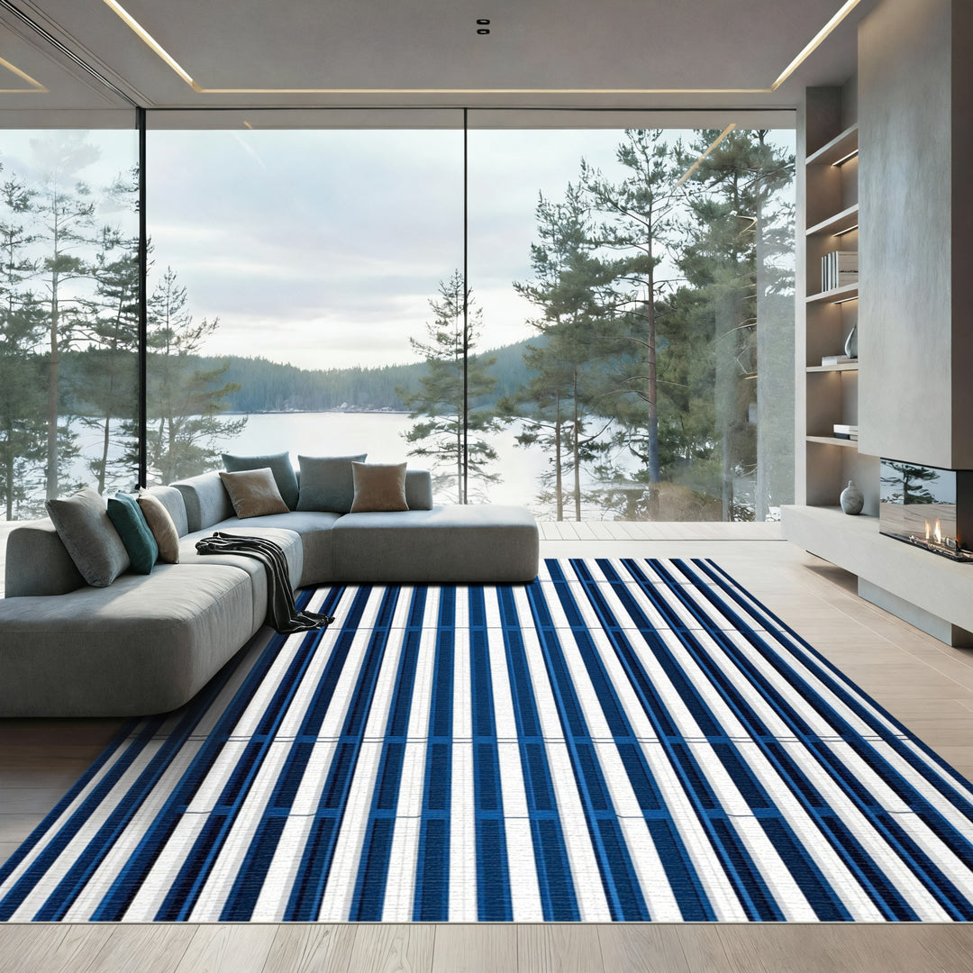 Bold Navy Stripes Modern Composition Rug