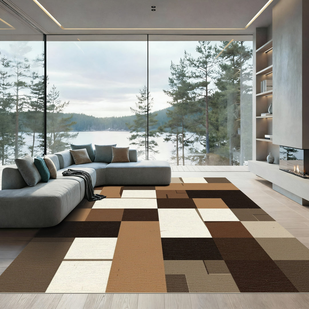 Earthy Brown Cream Geometric Blocks Rug
