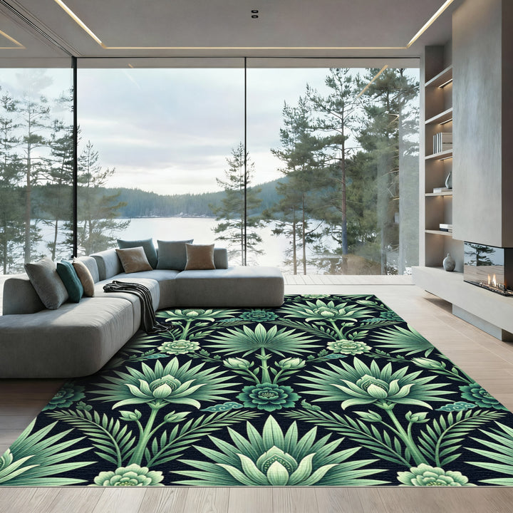 Emerald Floral Lotus Leaf Arrangement Rug
