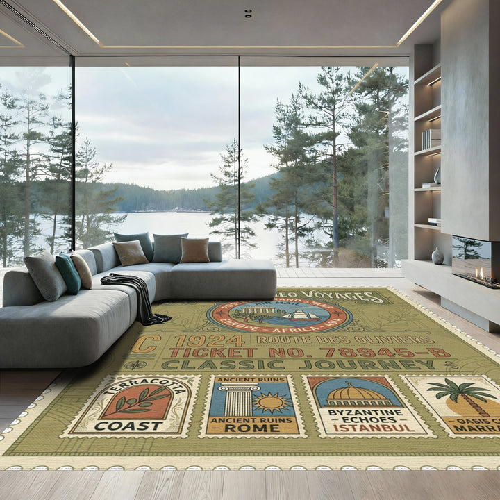 Vintage Mediterranean Voyage Stamp Rug