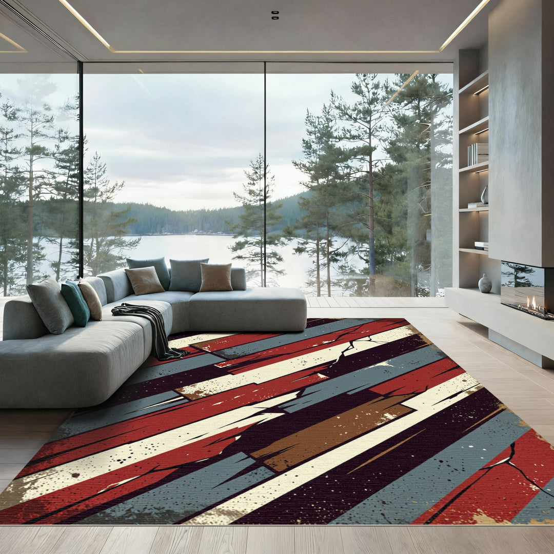 Rustic Red Blue Diagonal Wood Rug