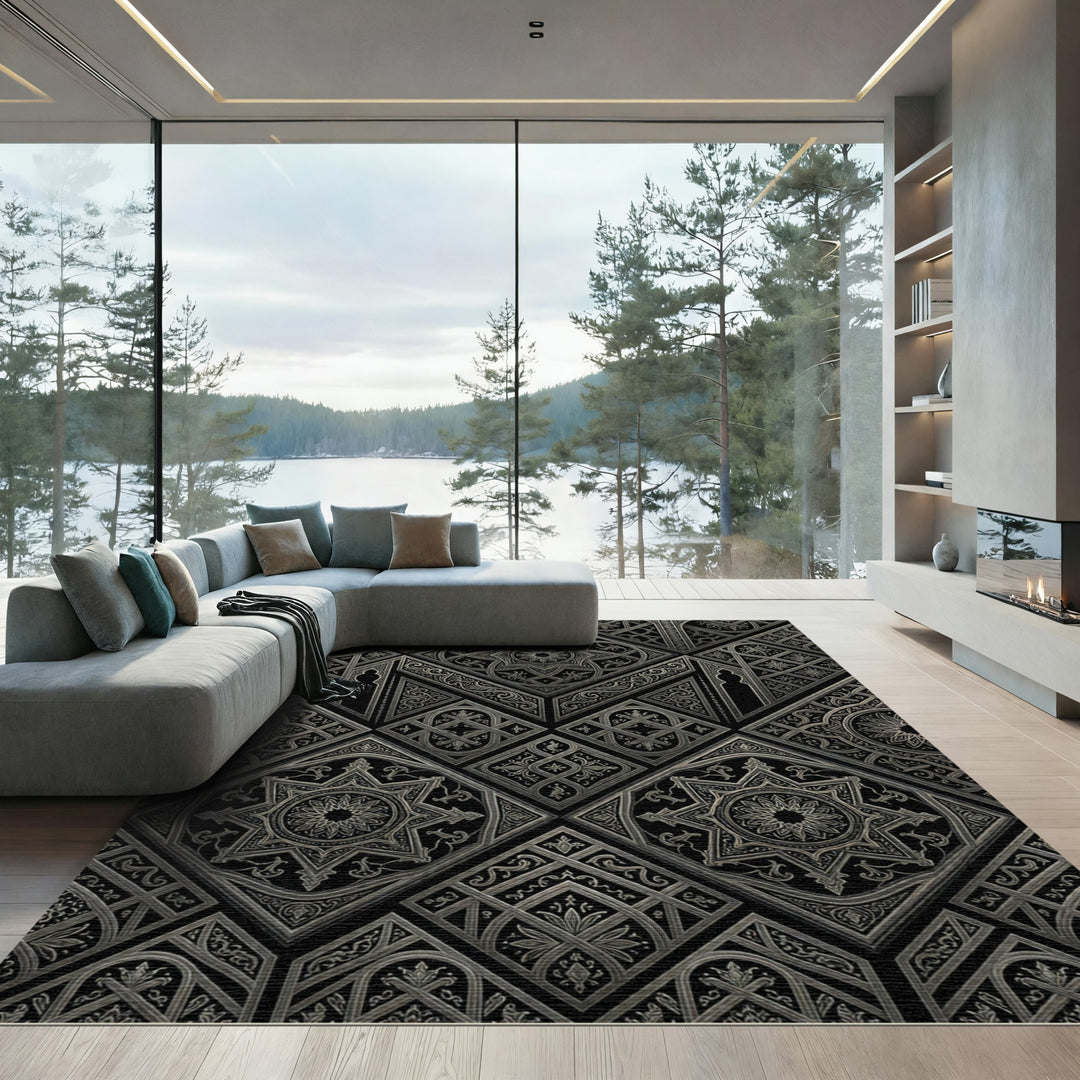 Intricate Silver Geometric Star Rug