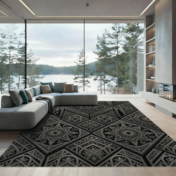 Intricate Silver Geometric Star Rug