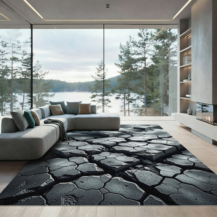 Dramatic Gray Cracked Earth Lightning Rug