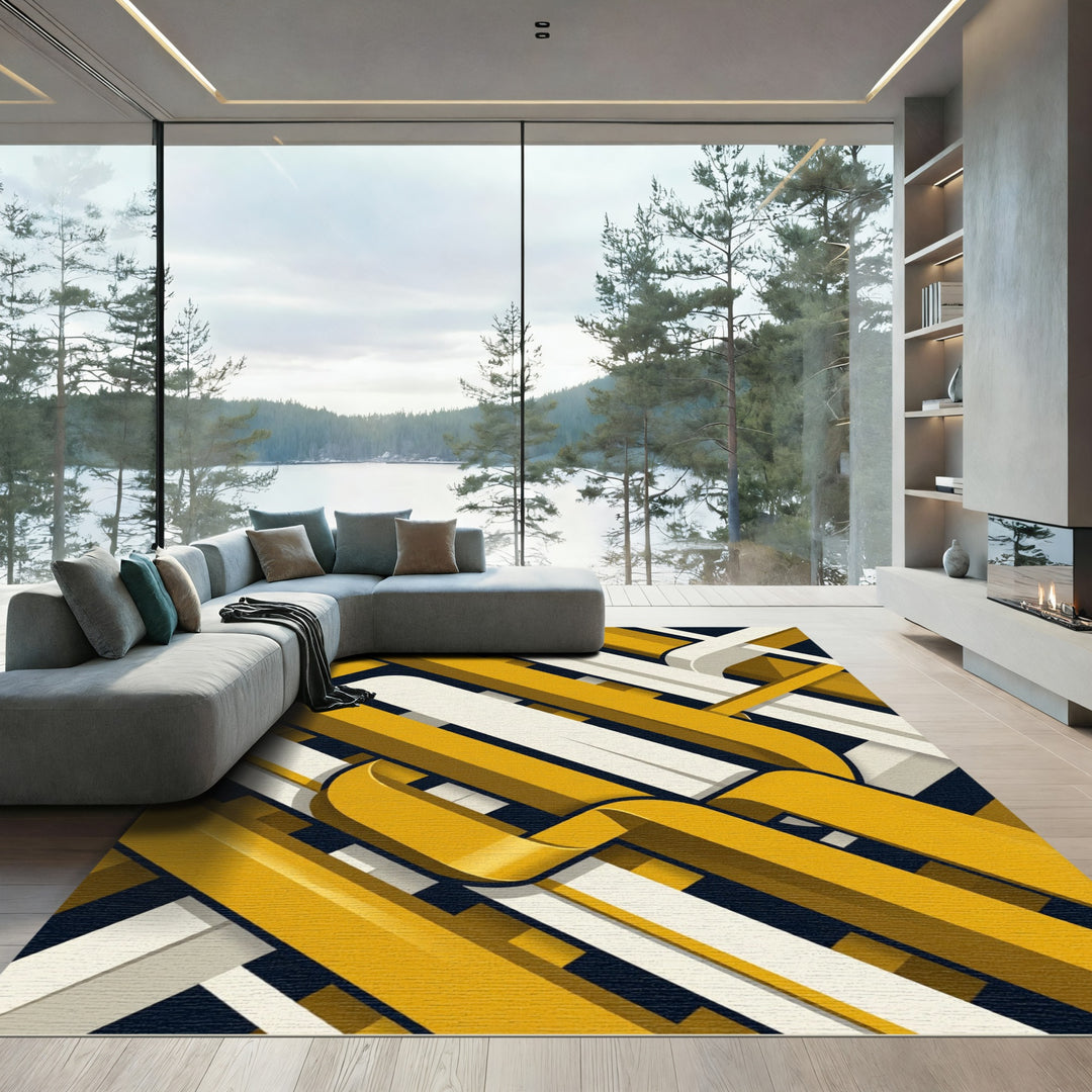 Golden Yellow White Intersecting Ribbons Rug