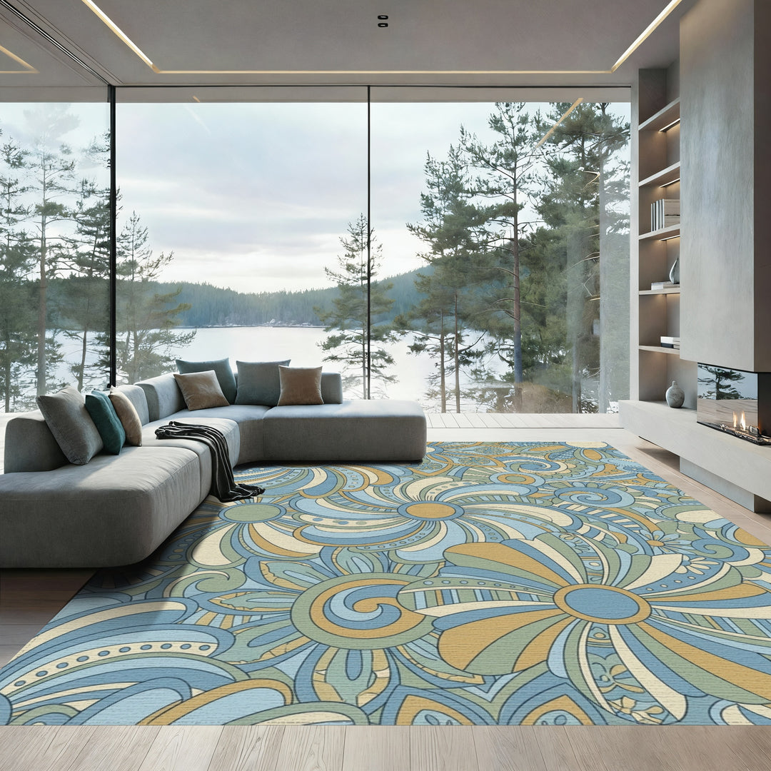 Earthy Blue Tan Floral Swirls Rug