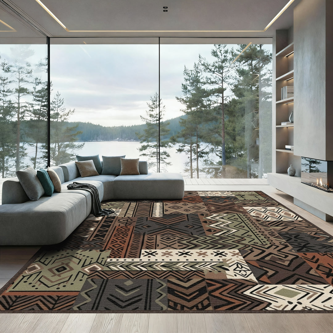 Earthy Patchwork Geometric Tribal Rug