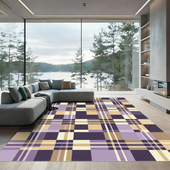 Purple Gold Beige Plaid Squares Rug