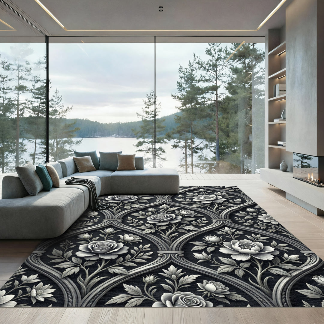 Elegant Black Rose Floral Damask Rug