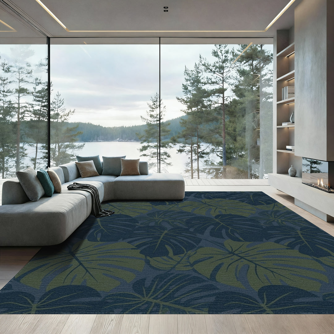 Deep Blue Green Tropical Leaf Collage Rug