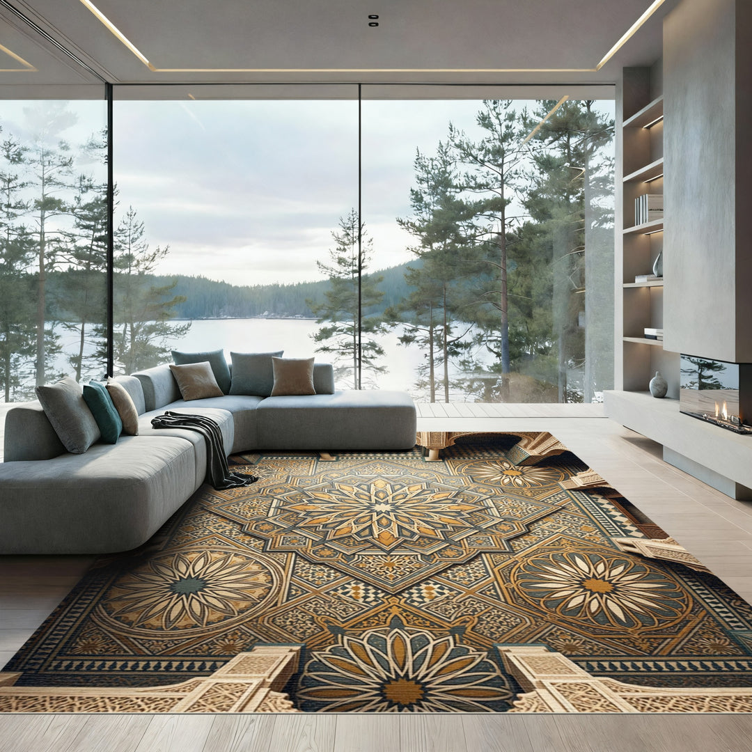 Golden Teal Intricate Geometric Mandala Rug