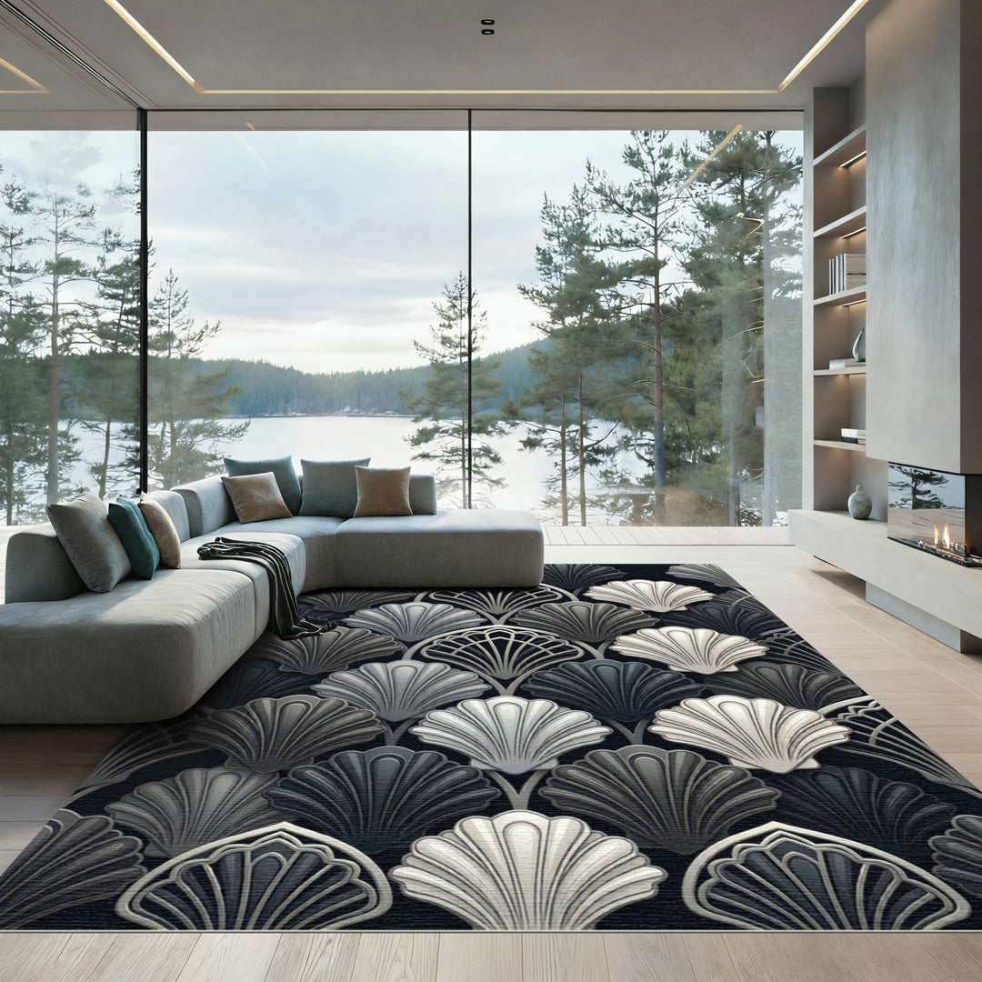 Art Deco Black White Shell Rug