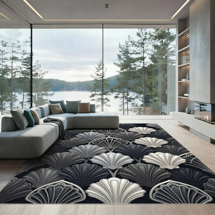 Art Deco Black White Shell Rug