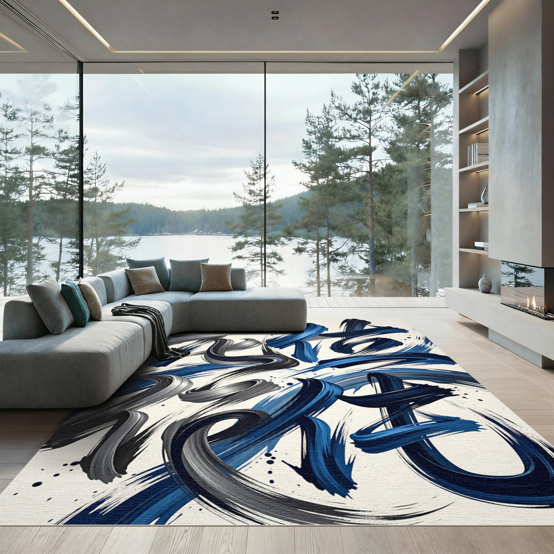 Dynamic Blue And Gray Brush Strokes Rug