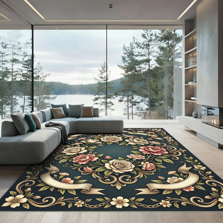 Elegant Ivory Rose Garden Border Rug