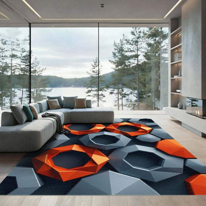 Orange Gray Geometric Octagon Rug