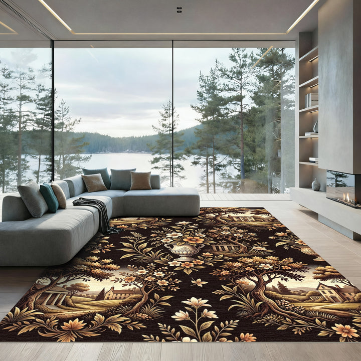 Vintaged Ochre Floral Trees Landscape Rug
