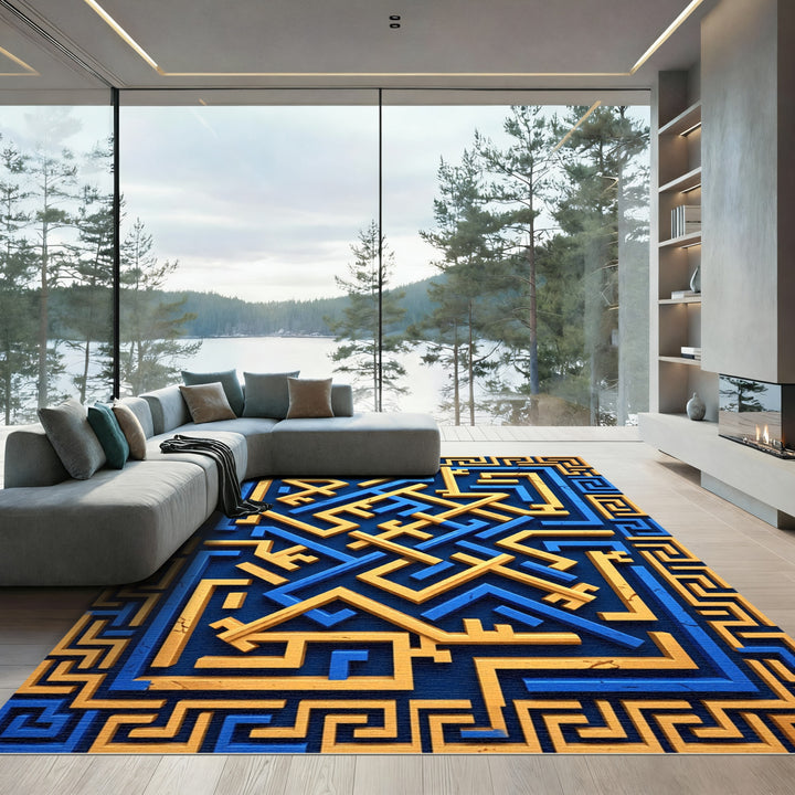 Navajo Labyrinth Geometric Blue Gold Rug