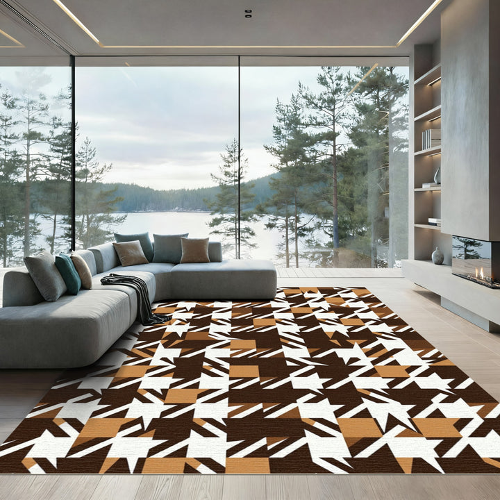 Brown White Ochre Houndstooth Pixelated Rug