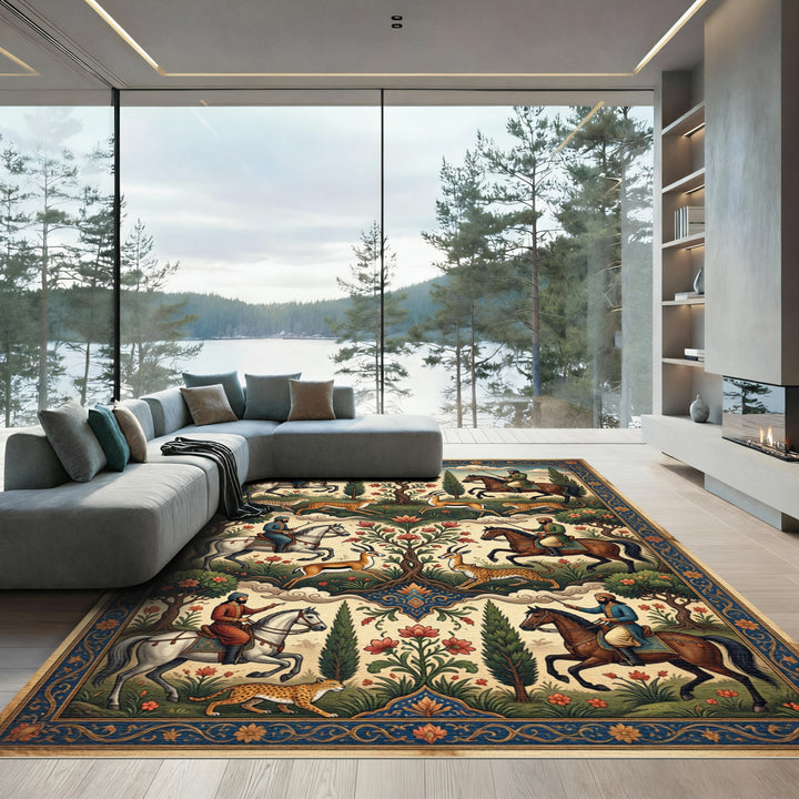 Ornate Equestrian Hunting Scene Rug