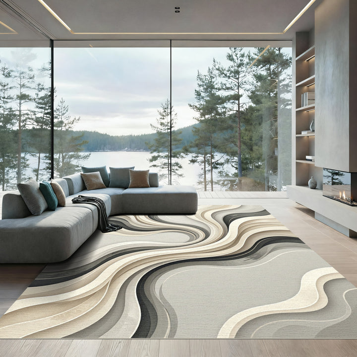 Elegant Swirling Beige Abstract Rug