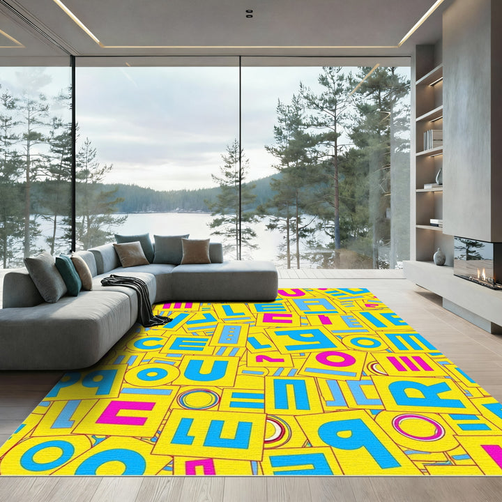 Bright Yellow Letter Squares Collage Rug