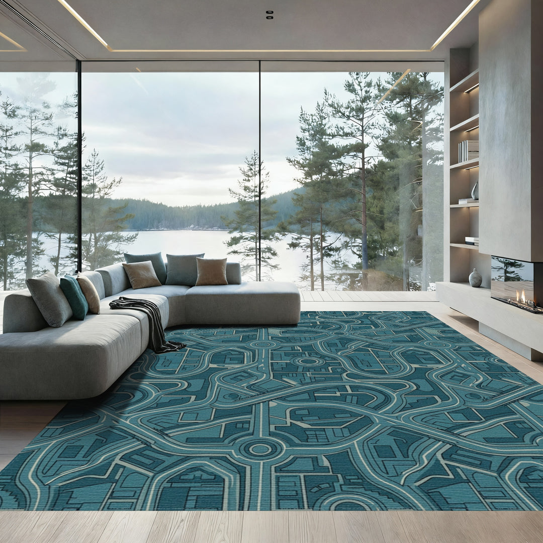 Urban Teal Cityscape Highway Maze Rug