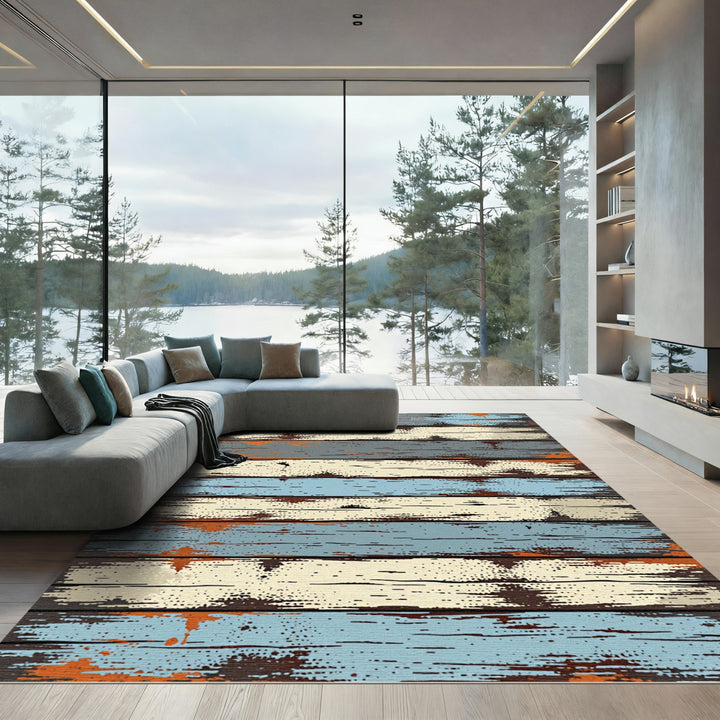 Distressed Blue Cream Wood Plank Rug