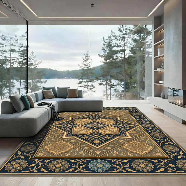 Grand Navy Blue Gilded Symmetry Rug